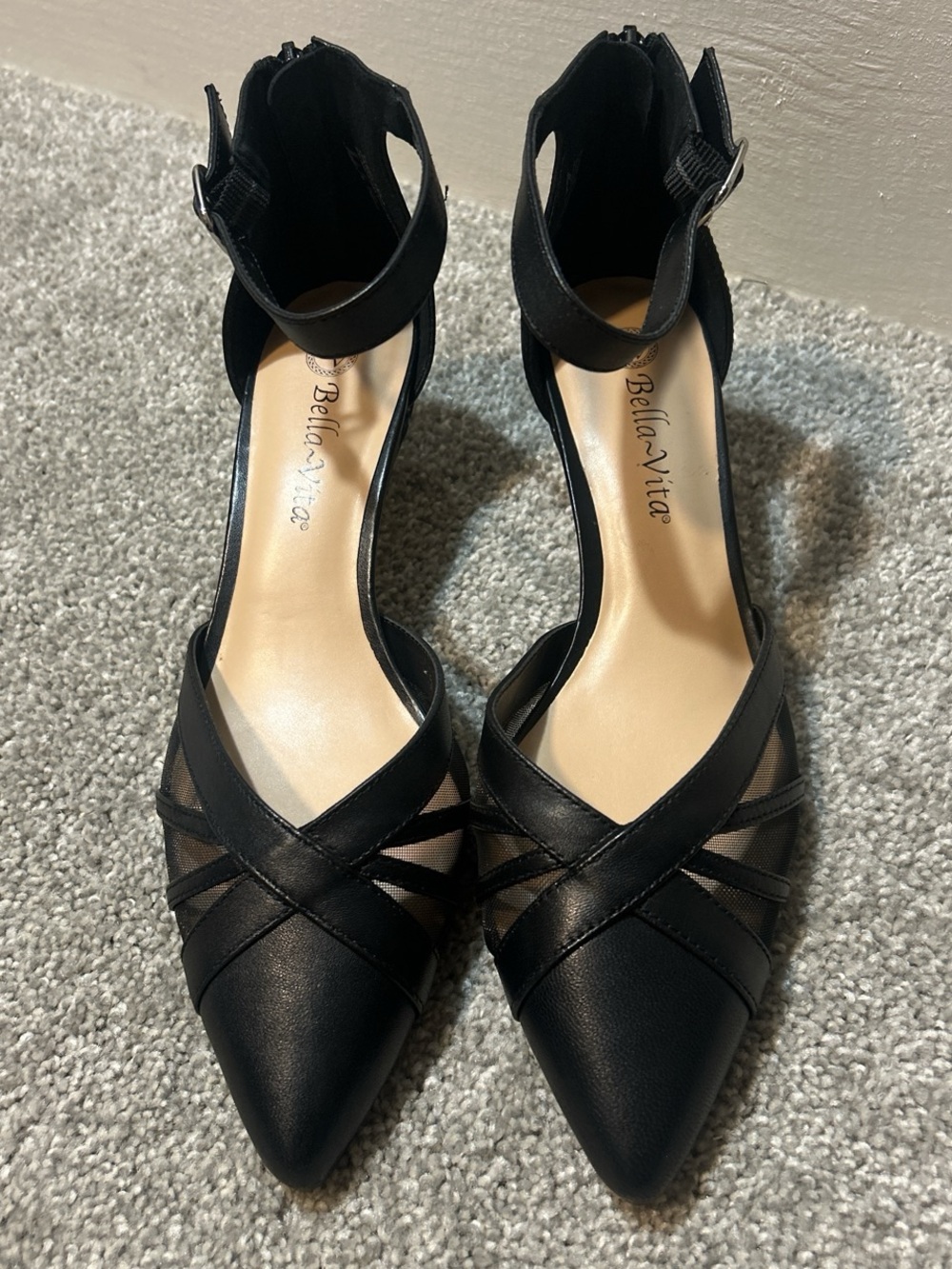 Bella Vita Black Pointed Ankle-Strap Kitten Heels